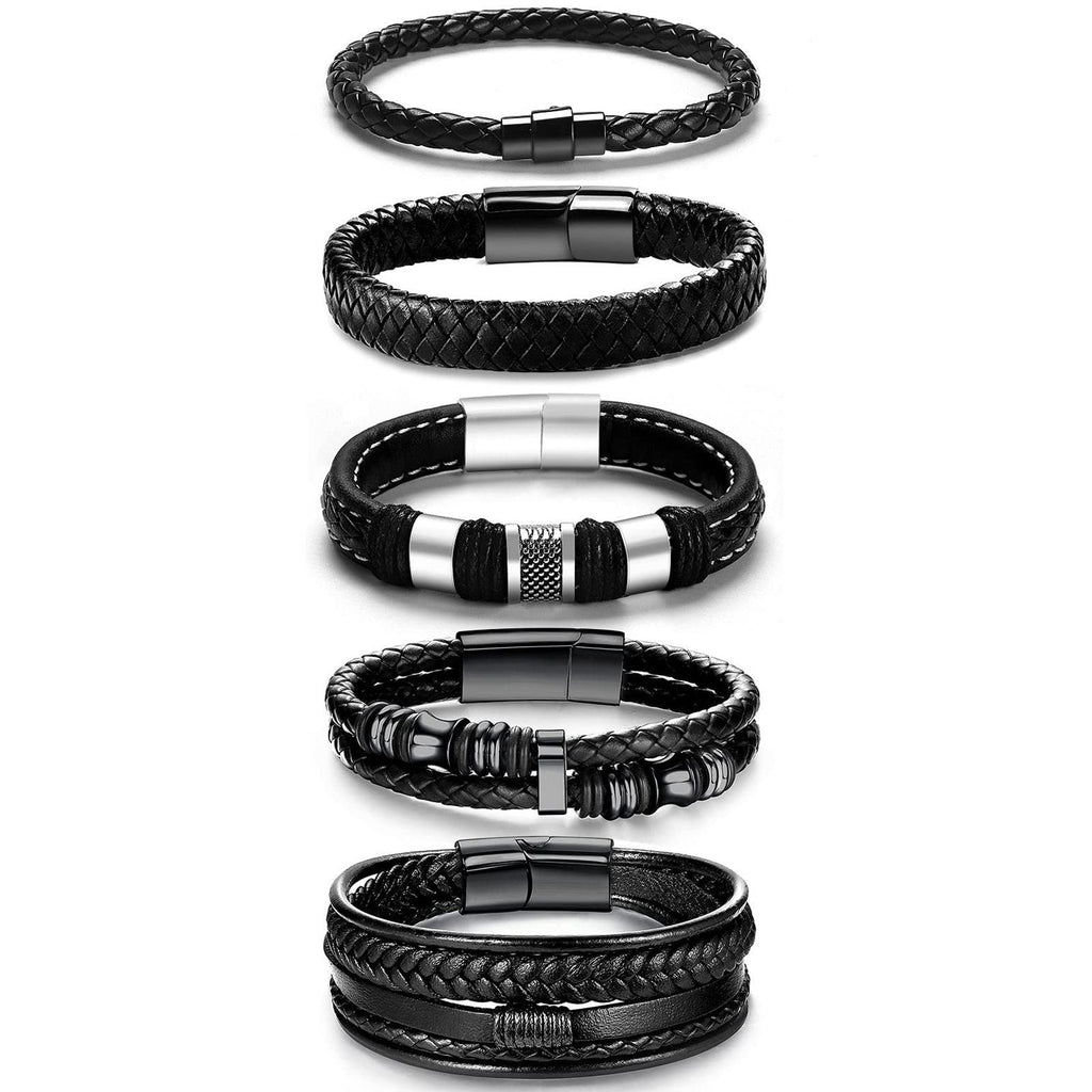 LOWNOUR Black Leather Bracelets for Men Women 5pcs Mens Bracelet Leather and Steel Braided Cuff Bracelets (A- 7.5inch)