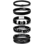 LOWNOUR Black Leather Bracelets for Men Women 5pcs Mens Bracelet Leather and Steel Braided Cuff Bracelets (A- 7.5inch)