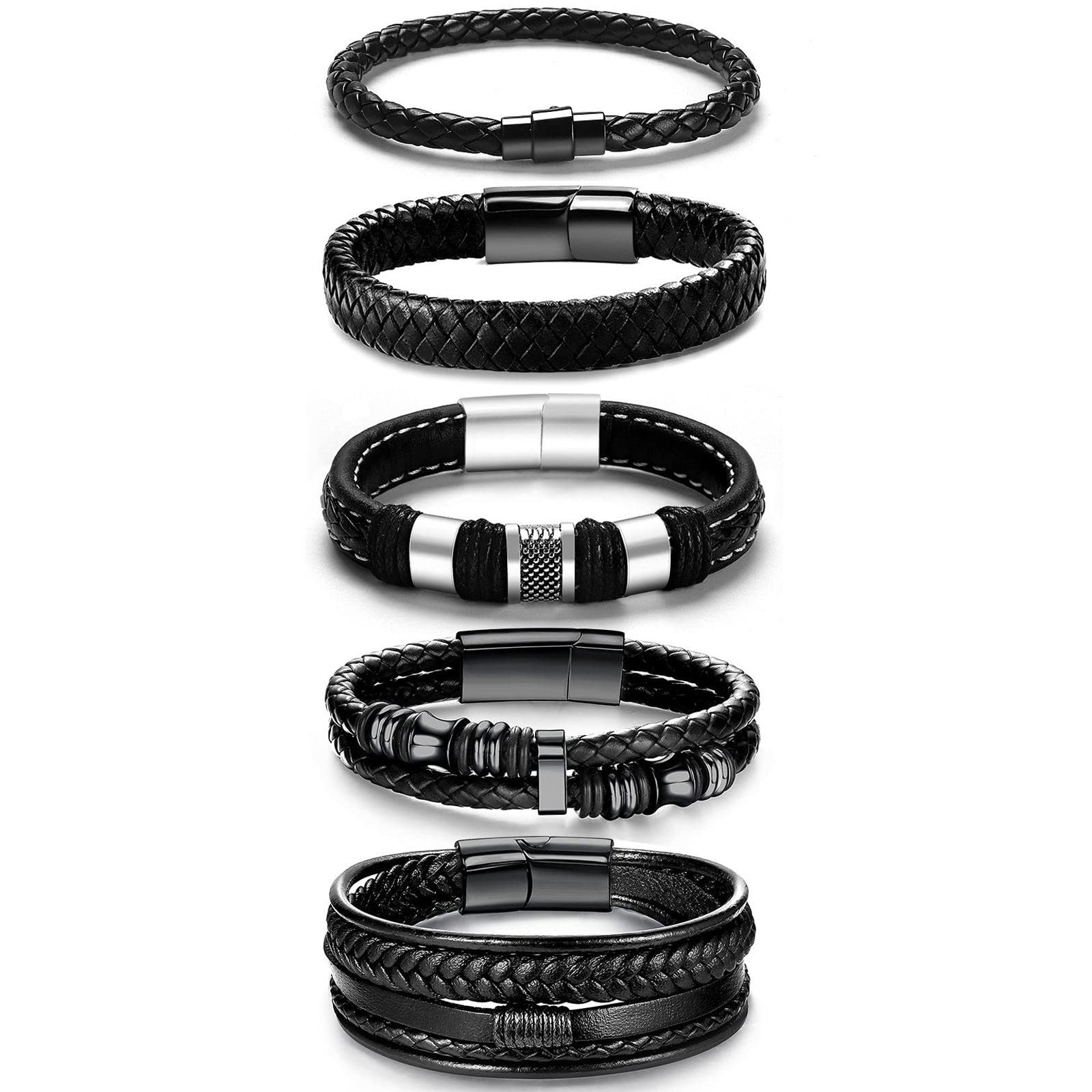 LOWNOUR Black Leather Bracelets for Men Women 5pcs Mens Bracelet Leather and Steel Braided Cuff Bracelets (A- 7.5inch)