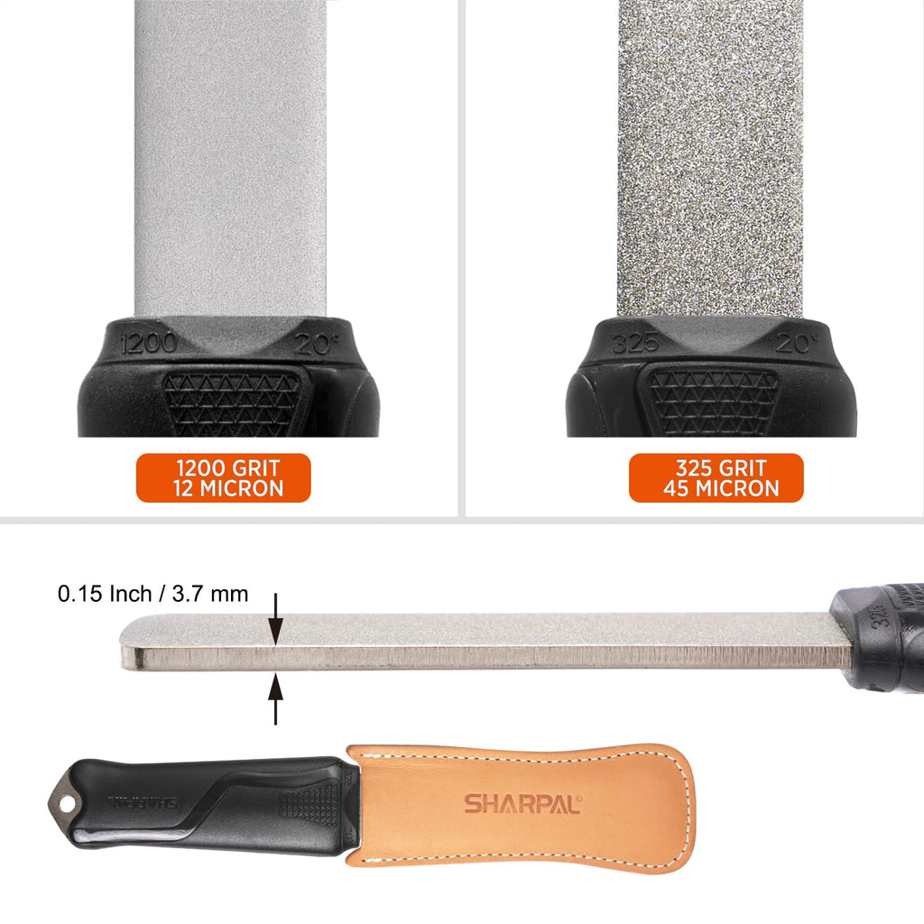 SHARPAL 127N Dual-Grit Diamond Sharpening Stone File Garden Tool Knife Sharpener with Leather Strop Coarse 325 / Extra Fine 1200 Grit for Lawn Mower Blade, Axe, Hatchet, Hedge Shears Fathers Day Gift