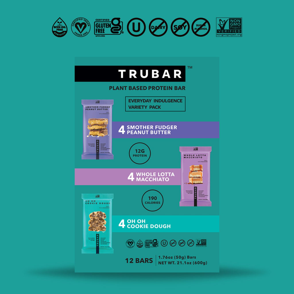 TRUBAR Vegan Protein Bar Variety Pack, Assorted Flavors, Peanut Butter, Macchiato, Cookie Dough, Gluten Free, Vegan Protein Snacks, 12G Plant-Based Protein, High Fiber, Healthy Protein Bars, 12 CT