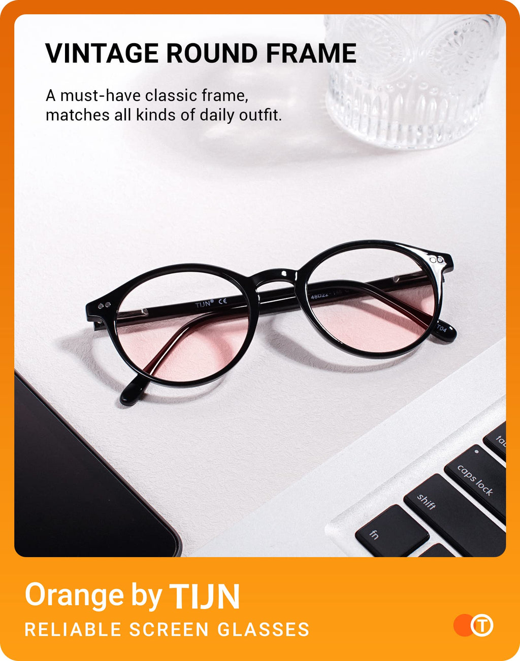 TIJN Blue Light Blocking Glasses Men Women Vintage Thick Round Rim Frame Eyeglasses(Black Tinted Blush)