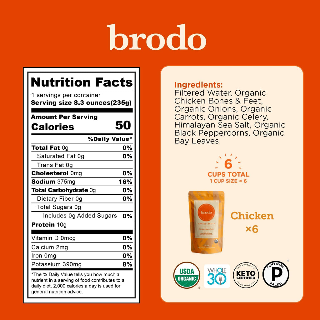Brodo Organic Chicken Bone Broth, Protein-Rich Bone Broth with Collagen, Nourishing Chicken Broth Low Sodium for Sipping and Cooking, Slow-Simmered for Deep Flavor, (4x 25 oz. Pouches)