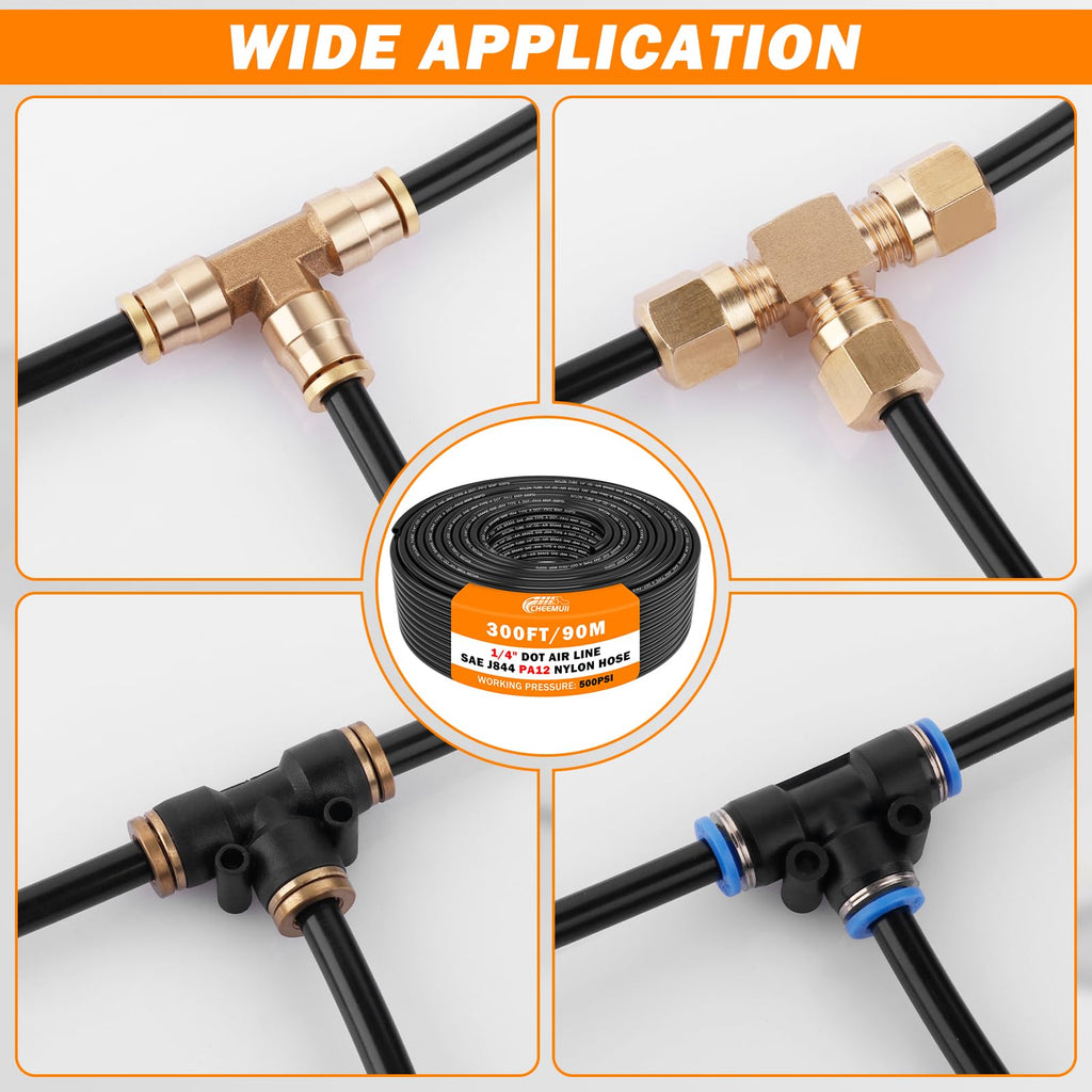 CheeMuii 300 FT 1/4" DOT Air Line 1/4 PA12 Nylon Pneumatic Tubing 91 Meter 1/4 Inch OD Pneumatic Air Tubing Pipe Hose Line for Semi Truck Trailer or Industrial Air System
