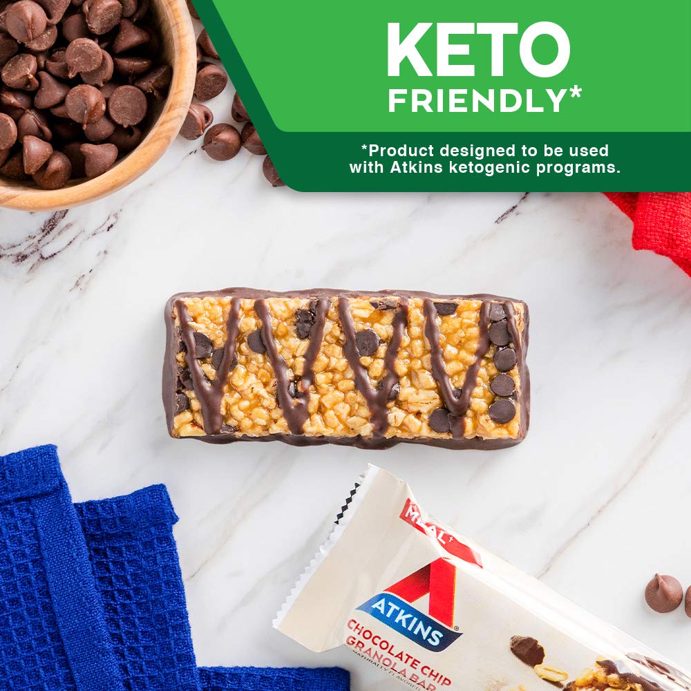 Atkins Chocolate Chip Granola Protein Meal Bar, High Fiber, 17g Protein, 1g Sugar, 3g Net Carbs, Meal Replacement, Keto Friendly, 5 Count