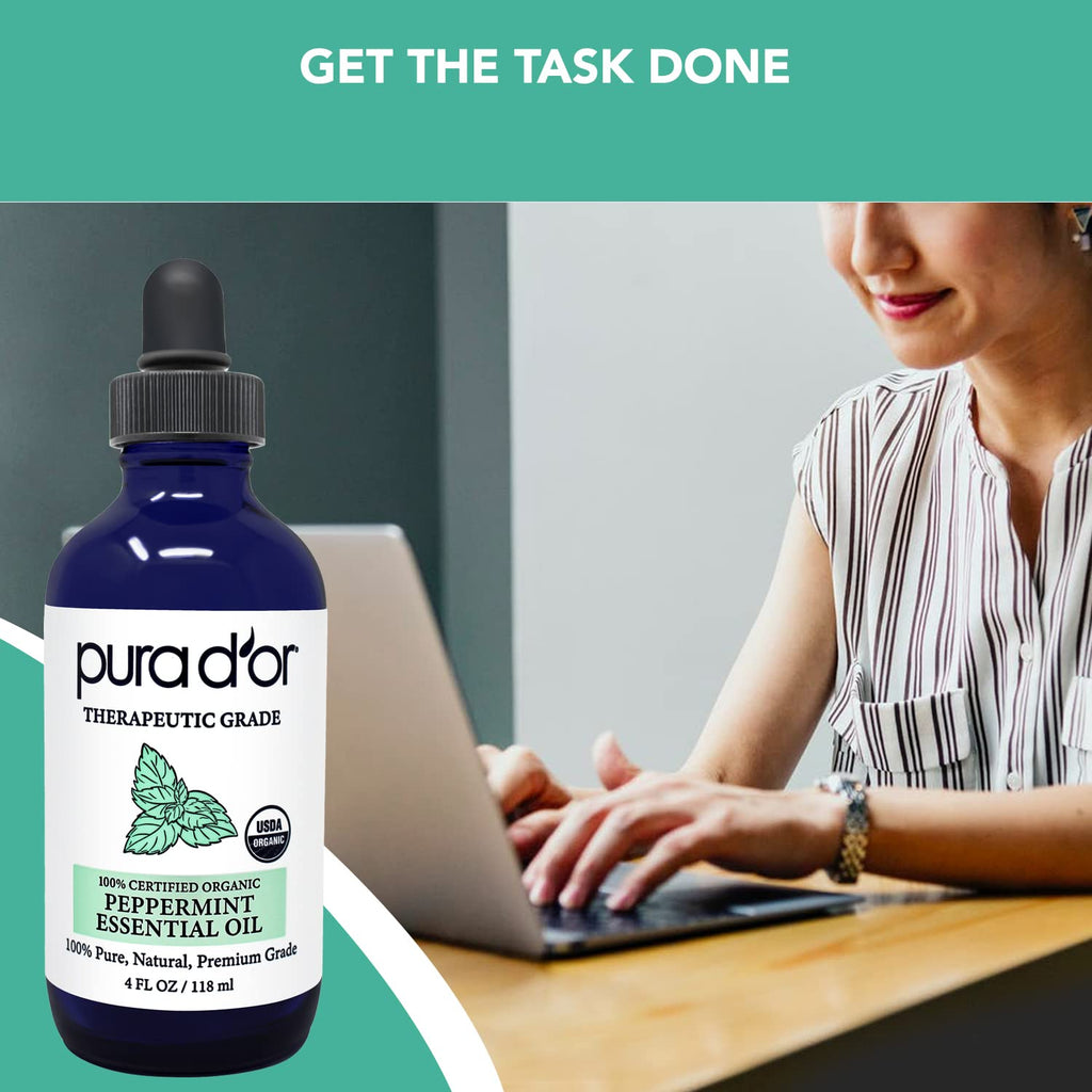 PURA D'OR Organic Peppermint Essential Oil (4oz with Glass Dropper) 100% Pure & Natural Therapeutic Grade - Hair, Body, Skin, Aromatherapy Diffuser, Massage, Refreshens, Energy, Mood, Home, DIY Soap