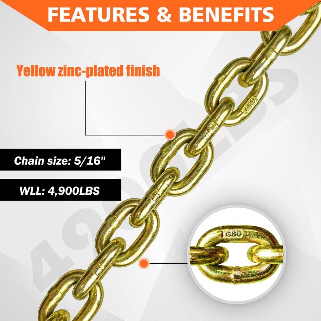 YATOINTO G80 Transport Binder Chain 5/16 Inch x 10 Foot Safety/Binder Chain with Clevis Grab Hooks 4,900 lbs Safe Working Load Logging Chain for Transporting Towing Tie Down Binding Equipment