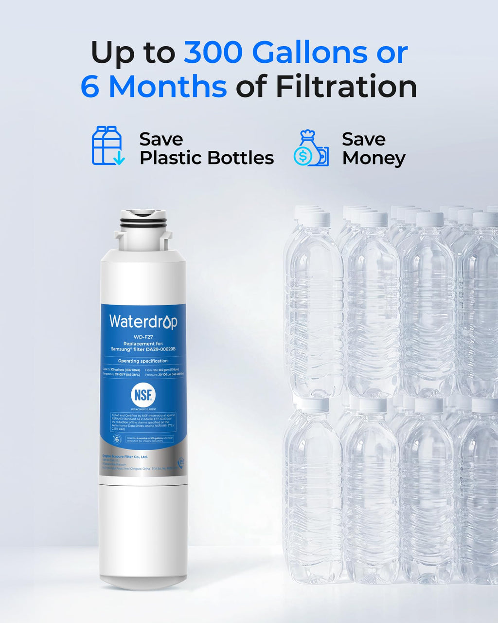 Waterdrop DA29-00020B Refrigerator Water Filter, Replacement for Samsung® HAF-CIN/EXP, DA29-00020A/B, DA29-00020B-1, RF263BEAESR, RF28HMEDBSR, RF263TEAESG, RF4287HARS, 3 Filters
