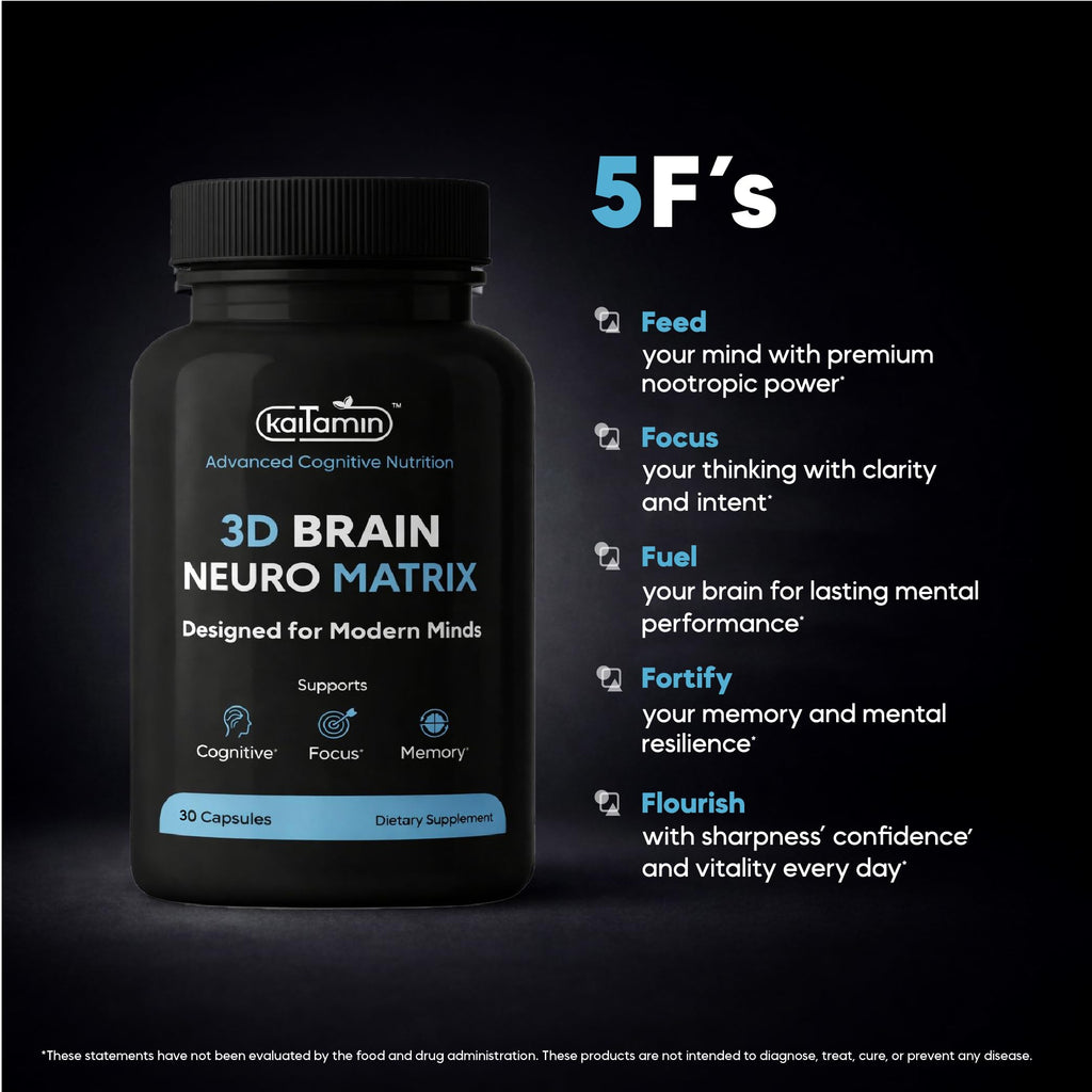 Kaitamin NSF & Eurofins Tested Brain Supplement for Memory & Focus – Nootropic | Ginkgo Biloba, Huperzine A, Bacopa Monnieri, Phosphatidylserine, Caffeine-Free Gelatin (30)