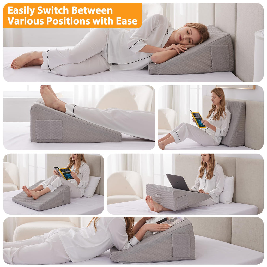Ruqmuis Wedge Pillow for Sleeping, 10" Bed Wedges Pillow for Headboard, Triangle Incline Wedge for Acid Reflux, Pillows Wedge for Back Pain Relief, Elevated Leg Pillows After Surgery, Snoring, Grey