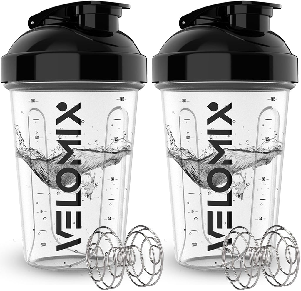 VELOMIX -2 Pack- 20 oz Protein Shaker Bottles for Protein Mixes - 2x Wire Whisk | Leak Proof Shaker Cups for Protein Shakes and Pre Workout | Protein Shaker Bottle Pack (Clear Prime)