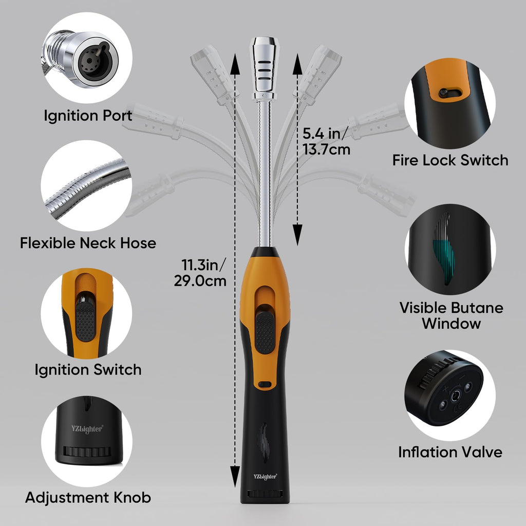 YZLighter Butane Lighter Torch Long Lighter Refillable Lighter Windproof with Visual Fuel Window Flexible Extra Long Torch Lighter for Fireplace Candles (No Butane Included) (Orange, 1 Pack)
