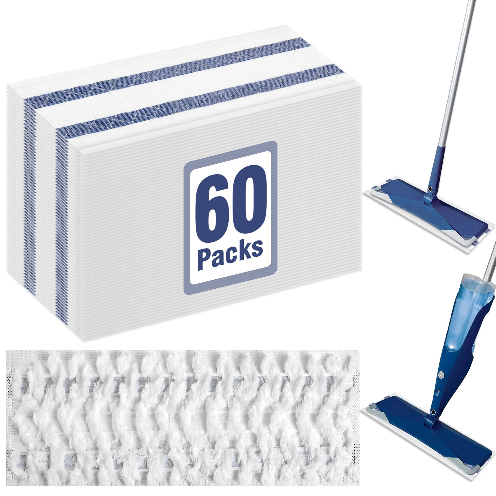 60 Pack Disposable Microfiber Cleaning Pads for Bona Mop | Heavy-Duty Replacement Pads Compatible with 15-18 inch Spray Flat Mops | Multi-Surface Hardwood Floor Cleaner Pad Refills