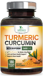 Turmeric Curcumin Supplement 2600mg - 95% Curcuminoids with Organic Turmeric & BioPerine Black Pepper Extract for Best Absorption, Natural Vegan Joint Support, Non-GMO, Bottled in USA - 180 Capsules