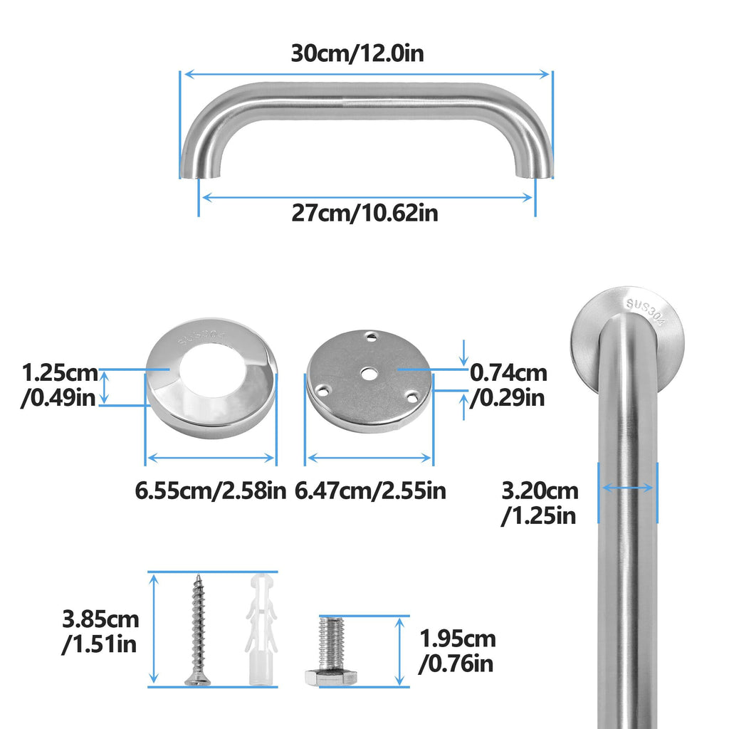 Rackickyer Shower Grab Bar, 2 Pack 12 Inch Brushed Nickel Bathroom Safety Bar, 1.25" Diameter 304 Stainless Steel Grab Bars for Bathtubs and Showers, Handicap Shower Grab Bar for Seniors Elderly