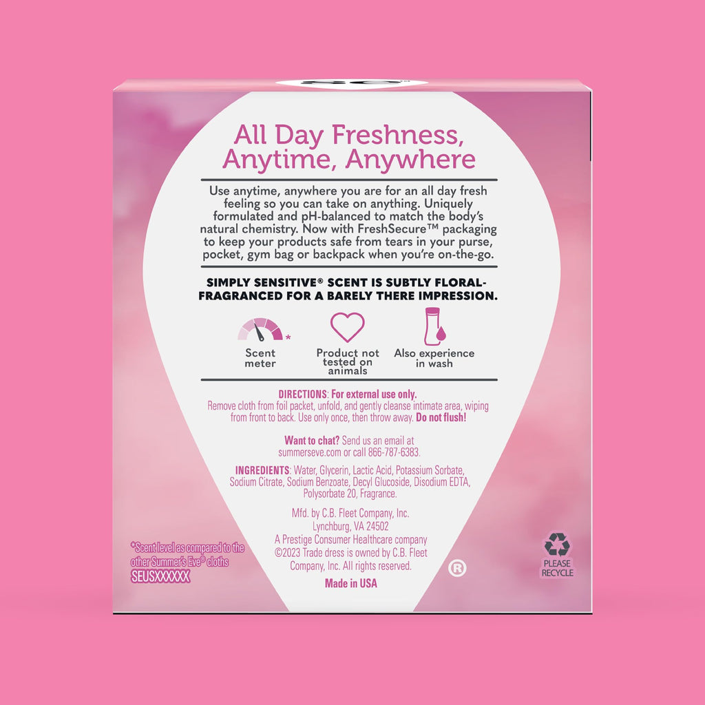 Summer's Eve Simply Sensitive Feminine Wipes, Gentle pH-Balanced Micellar Water Based Formula Helps Control Vaginal Odor, Individually Wrapped Wipes, 12 Count