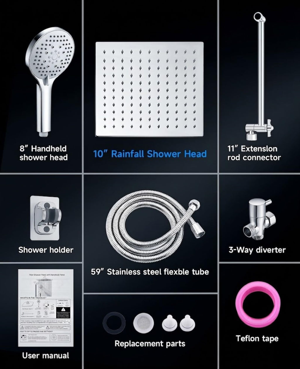 Shower Head High Pressure,10" Rain Shower Head With Handheld Spray Combo, Shower Heads with Hose and 11'' Angle Adjustable Extension Arm, Waterfall Showerhead, Dual Detachable Shower Head