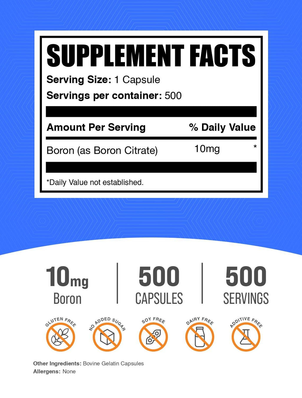 BulkSupplements.com Boron Citrate Capsules - Boron Supplement for Men & Women, Mineral Supplement - Gluten Free, 1 Capsule per Serving (10mg), 500 Count (Pack of 1)