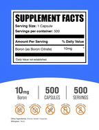 BulkSupplements.com Boron Citrate Capsules - Boron Supplement for Men & Women, Mineral Supplement - Gluten Free, 1 Capsule per Serving (10mg), 500 Count (Pack of 1)