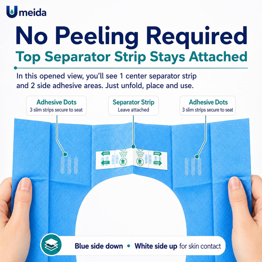 Umeida 50 Count Disposable Toilet Seat Covers, XL Waterproof Travel Pack, Center Strip Stays Attached, Adhesive Tabs, Individually Wrapped for Public Restrooms, Airplane, Kids and Adults