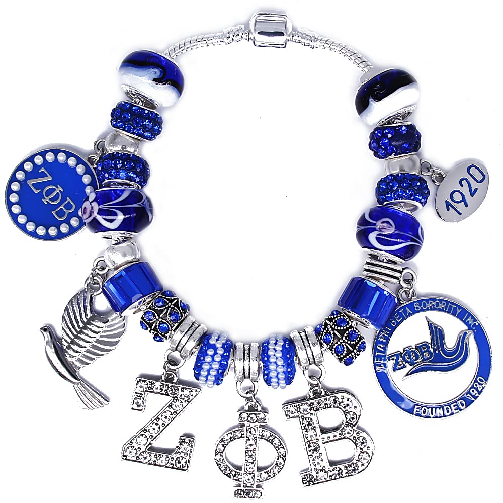 muiot Delicate ZETA sorority society Rhinestone Pendant Blue big hole Glass Bead Bracelet bangle