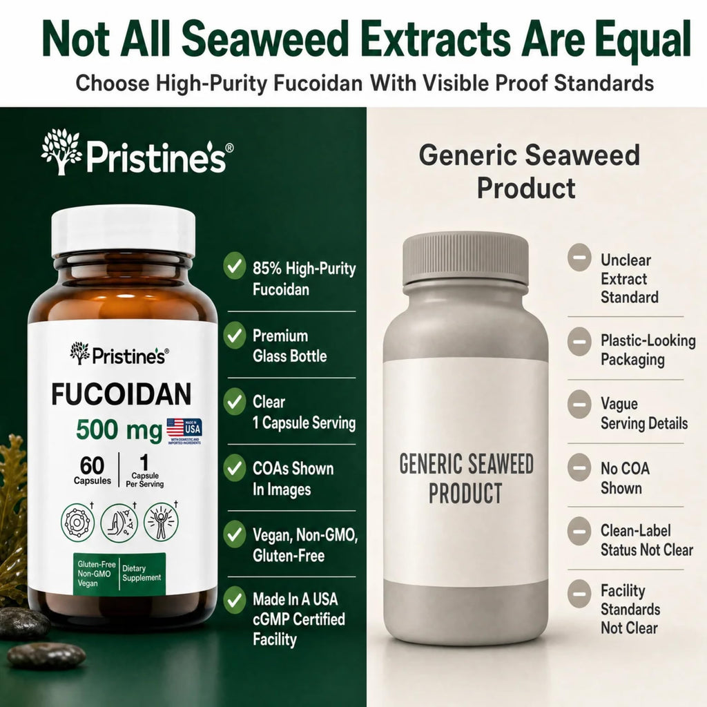 PRISTINE'S Fucoidan 500MG Immunity Supplement Capsules - 60 Day Supply - Brown Seaweed Extract - Potent Herbal Antioxidant Lung Health & Skin Health Support