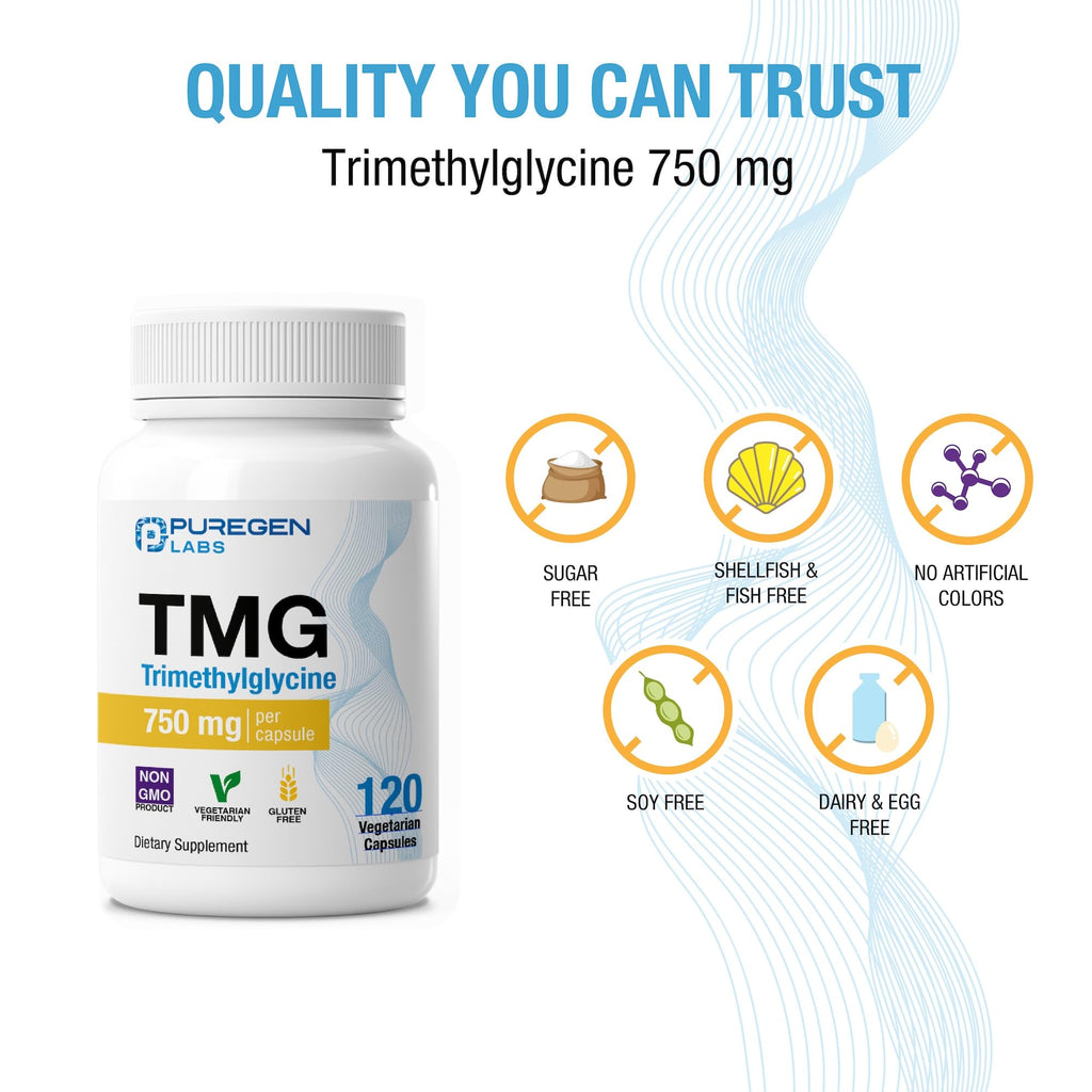Puregen Labs TMG 750 mg – [High Potency] Trimethylglycine Supplement – Encourages Healthy Homocysteine Levels, Non-GMO, NO Gluten and Dairy - 2 Pack - Total 240 Vegetarian Capsules