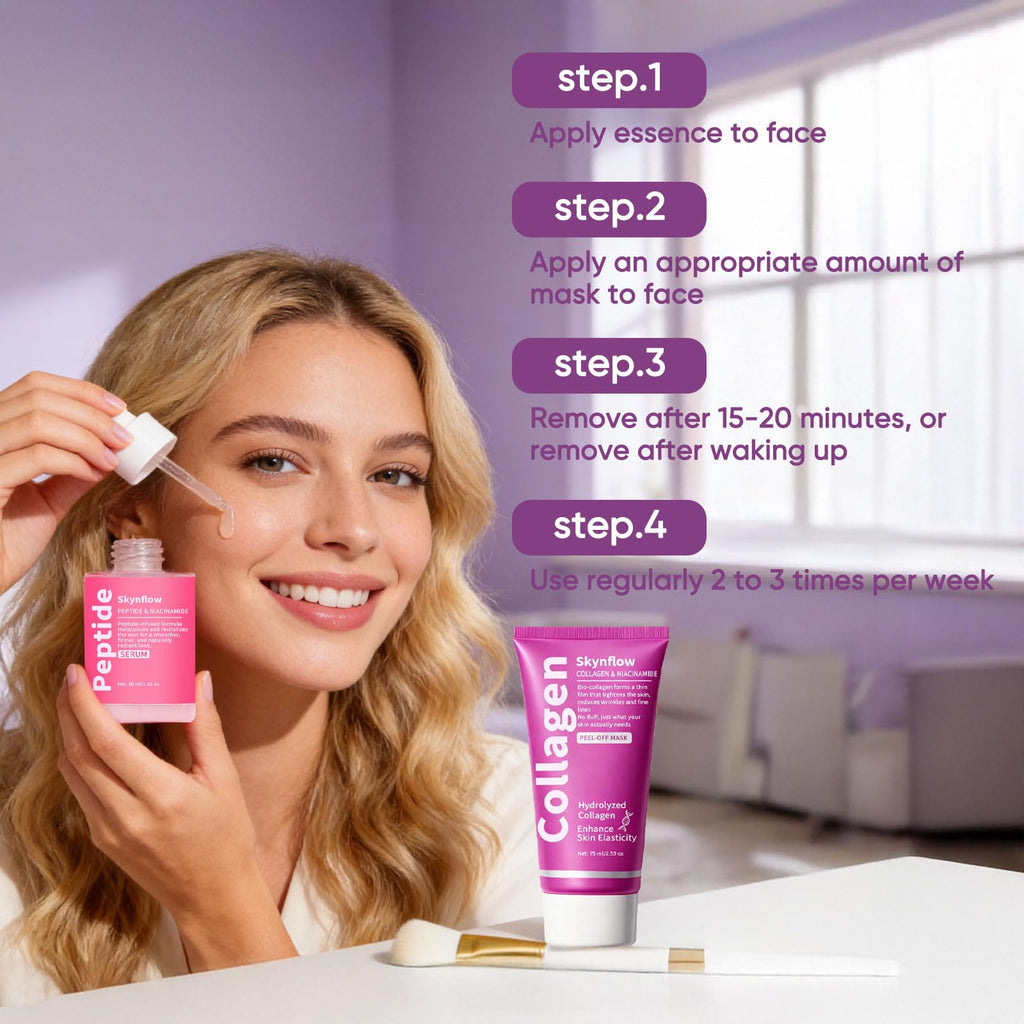 SKYNFLOW Collagen Face Mask + Plumping Peptides PDRN Serum, Overnight Hydrolyzed Peel-Off Mask, Niacinamide Restoring Skincare Set, Reduce Wrinkles, Tighten Fine Lines, Even Skin Tone (1 Set)