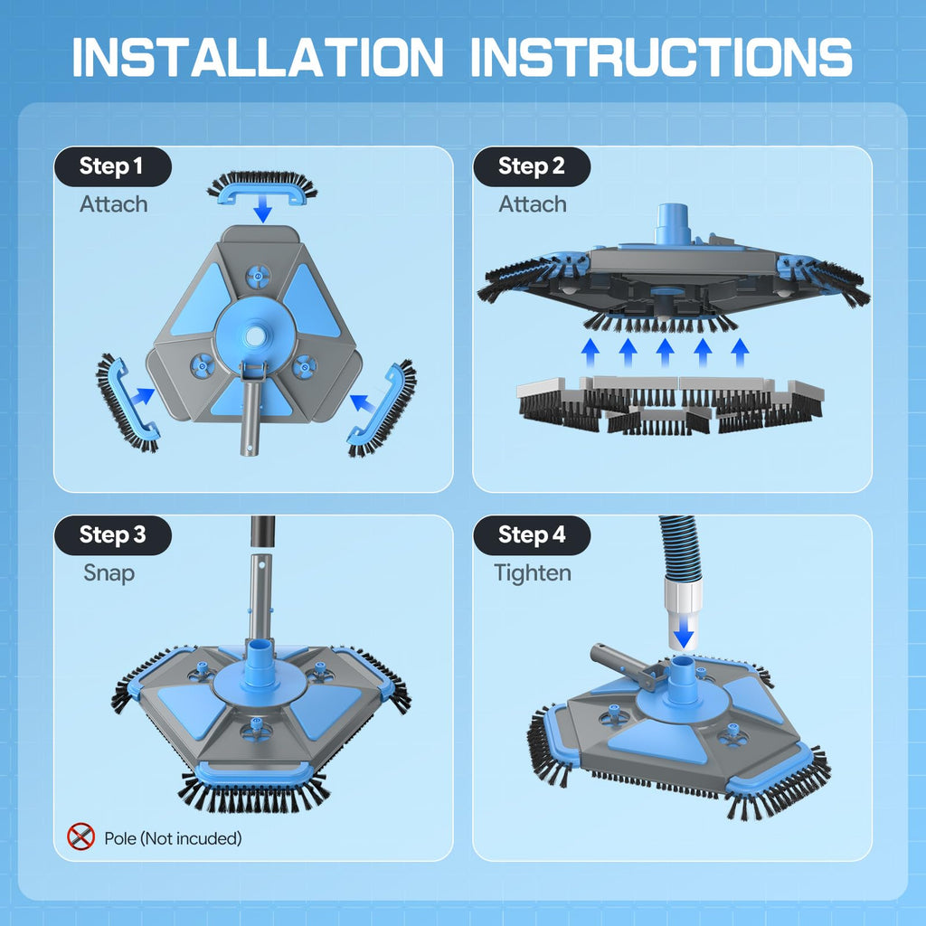 UIRWAY 4-in-1 Deluxe Swimming Pool Cleaning Kit - Includes Upgrade Triangular Pool Vacuum Head, Detachable Brush, Deep Leaf Skimmer Net, Adjustable Aluminum Pole Inground & Above Ground Pools