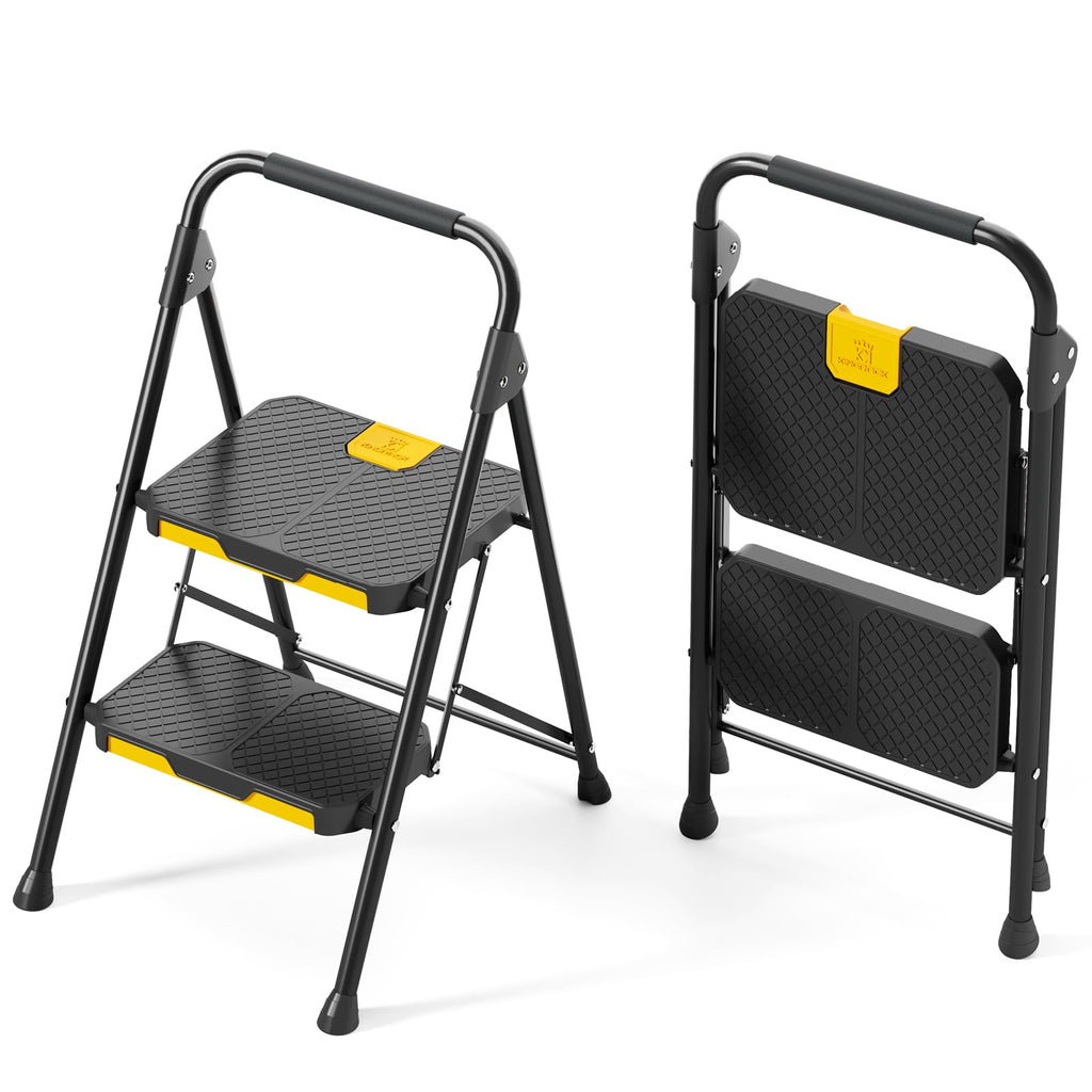 KINGRACK 2 Step Ladder, Sturdy Steel Step Stool with Safe-Lock Design, Handrail, Anti-Slip Wide Pedals, Pass 800lbs Load Testing, Folding Portable Ladder for Multi-Purpose, Home, Kitchen, Black