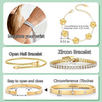 Zesnoy 18K Gold Plated Womens Stackable Floral Silver Clover Bracelets Set Love Bangle Bracelets Non Tarnish, Bracelet Set Trendy Jewelry, Gifts for Women's Day and Mother's Day