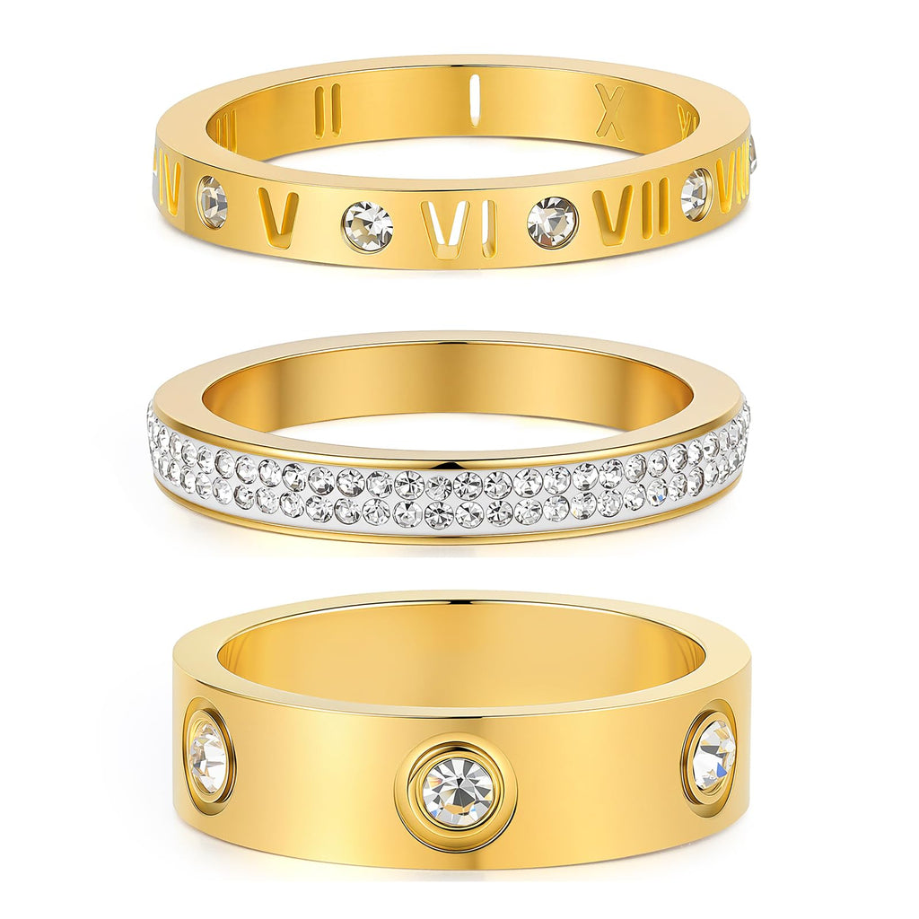 YIKOXI Gold Rings Set for Women 18K Gold Plated Titanium Steel Dainty Cubic Zirconia Rings Fashion Stacking Bands Valentines Day Mother's Day Christmas Day Best Gifts (Gold, 8)