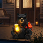 YHSOLAR Solar Black Bear Statue for Garden with Beer and Cardinals
