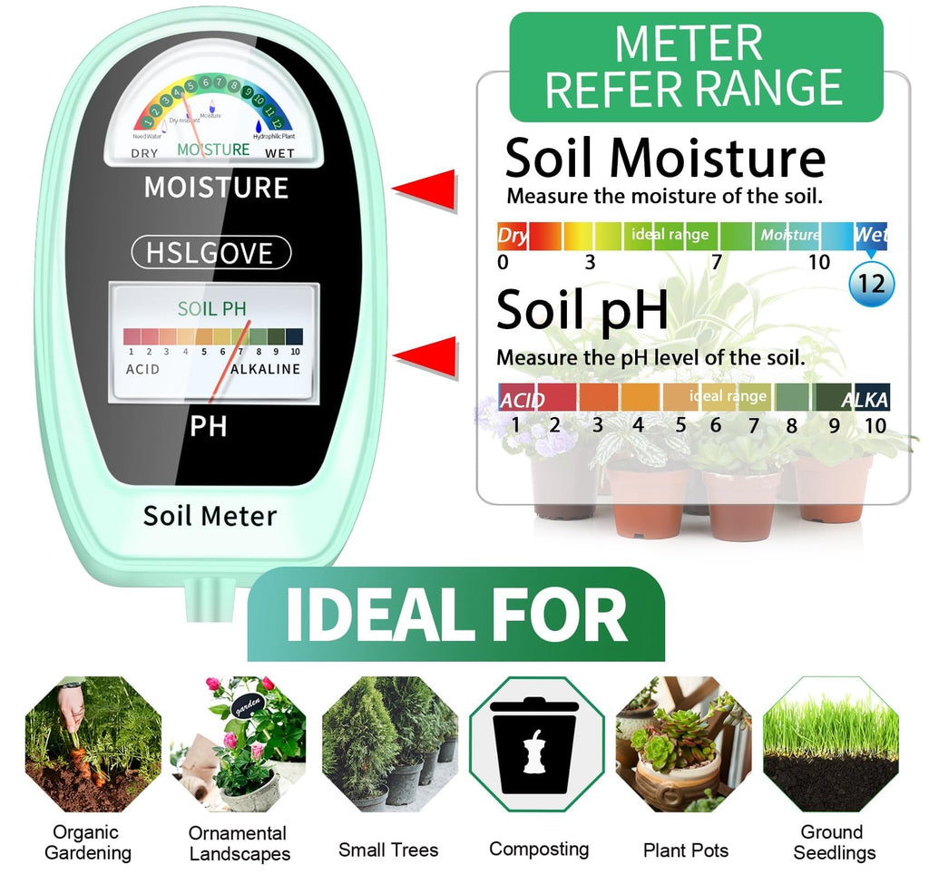 HSLGOVE Soil Test Kit, 2-in-1 Soil Moisture Meter/Soil PH Meter, Dual Screen Soil Tester, Soil Moisture Meter for Plants Watering/Gardening for Lawn,Farm Indoor&Outdoor Use-Apple Green