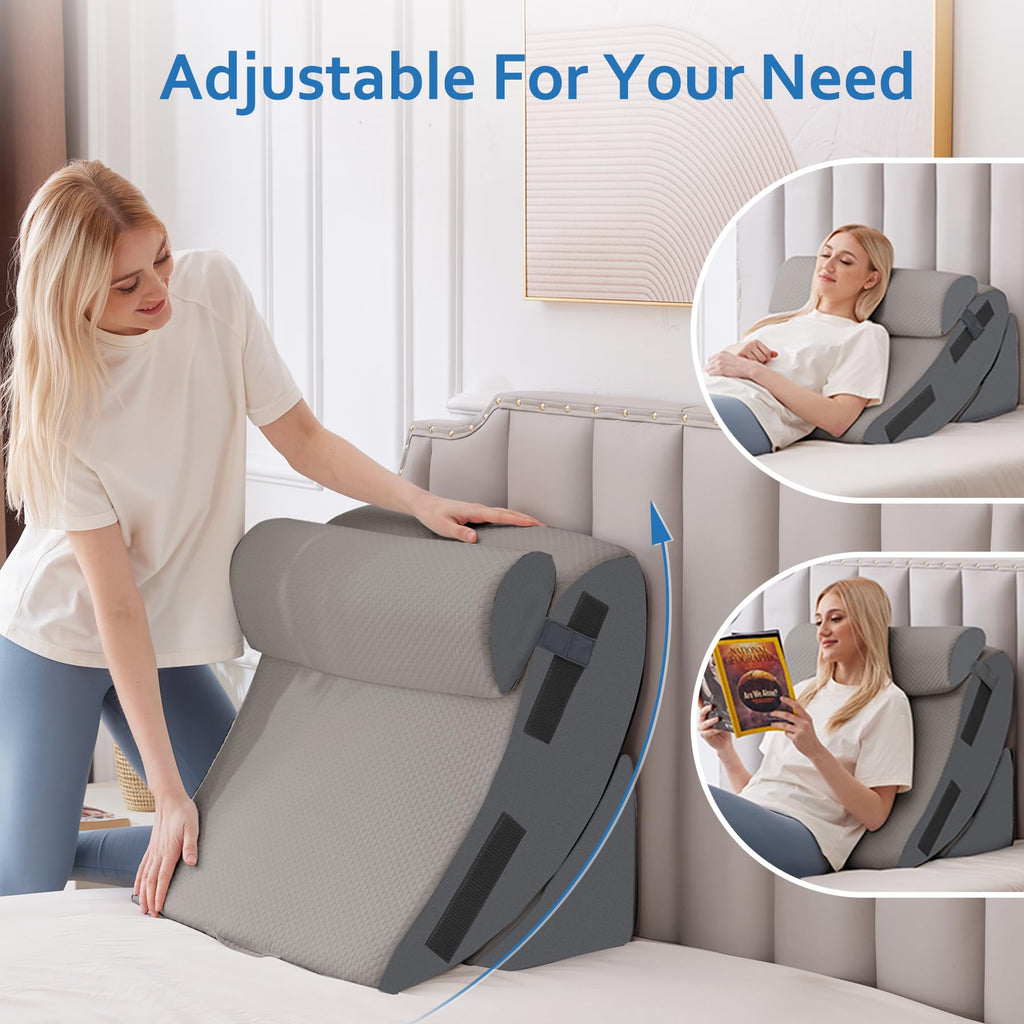 Ahpmeoa 5Pcs Wedge Pillow Set for After Surgery, Orthopedic Bed Wedge Pillow Set for Post Surgery, Acid Reflux Relief, Sleeping, Back Pain Relief, Adjustable Back Pillow for Bed Sitting up, Grey