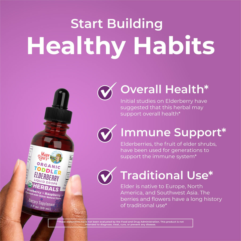 MaryRuth Organics Toddler Elderberry Syrup, USDA Organic Elderberry, Sugar Free Kids Immune Support Supplement for Ages 1-3 Years, Clean Label Project Verified®, Vegan, Non-GMO, Gluten Free, 1 Fl Oz