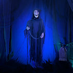 Haunted Hill Farm Life-Size Scary Grim Reaper with Chain, Halloween Animatronic with Touch Activated Lights and Sounds, Battery Operated Indoor or Covered Outdoor Halloween Decorations, Halloween Prop
