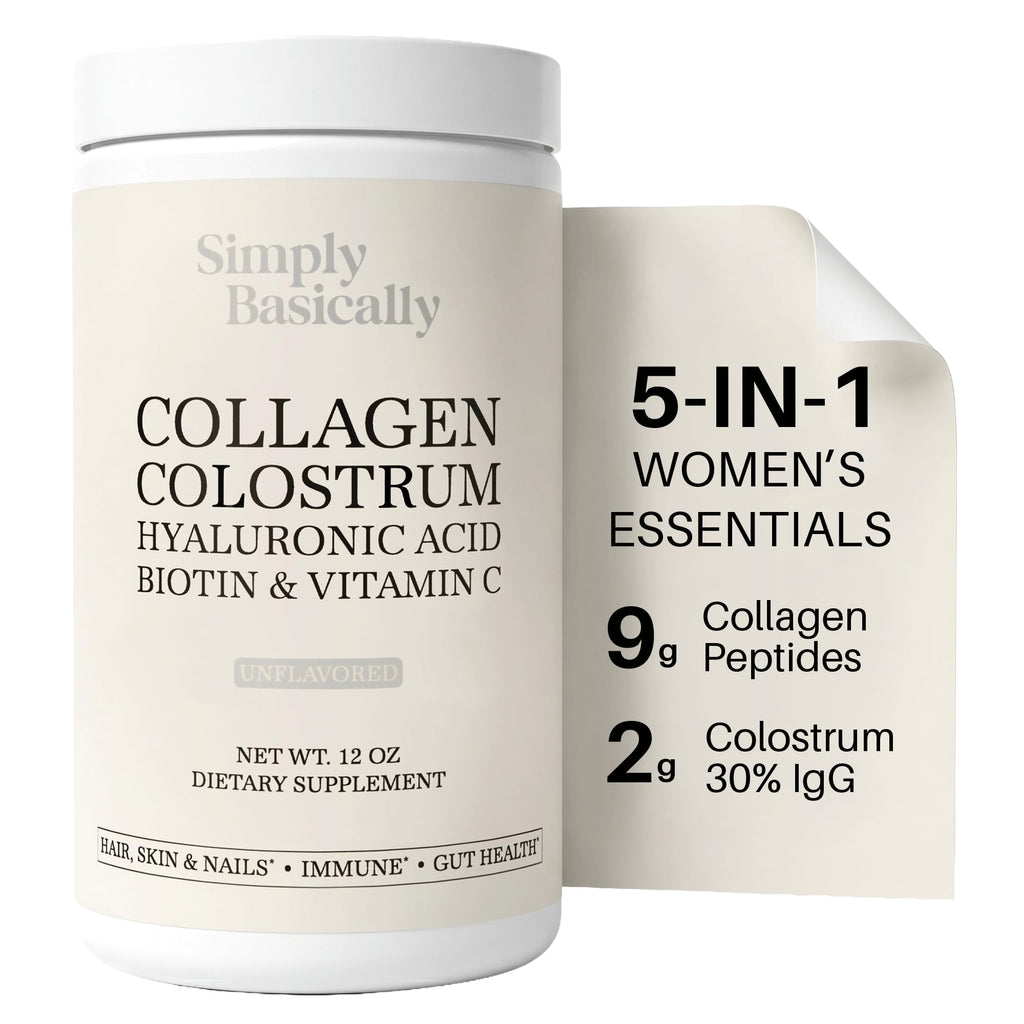 Simply Basically Colostrum Powder & Collagen Peptides, Biotin, Hyaluronic Acid & Vitamin C | Gut Health & Bloating, Immune Support, Hair, Skin & Nails Supplement | Unflavored | 11g Per Serving