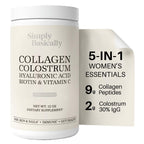 Simply Basically Colostrum Powder & Collagen Peptides, Biotin, Hyaluronic Acid & Vitamin C | Gut Health & Bloating, Immune Support, Hair, Skin & Nails Supplement | Unflavored | 11g Per Serving