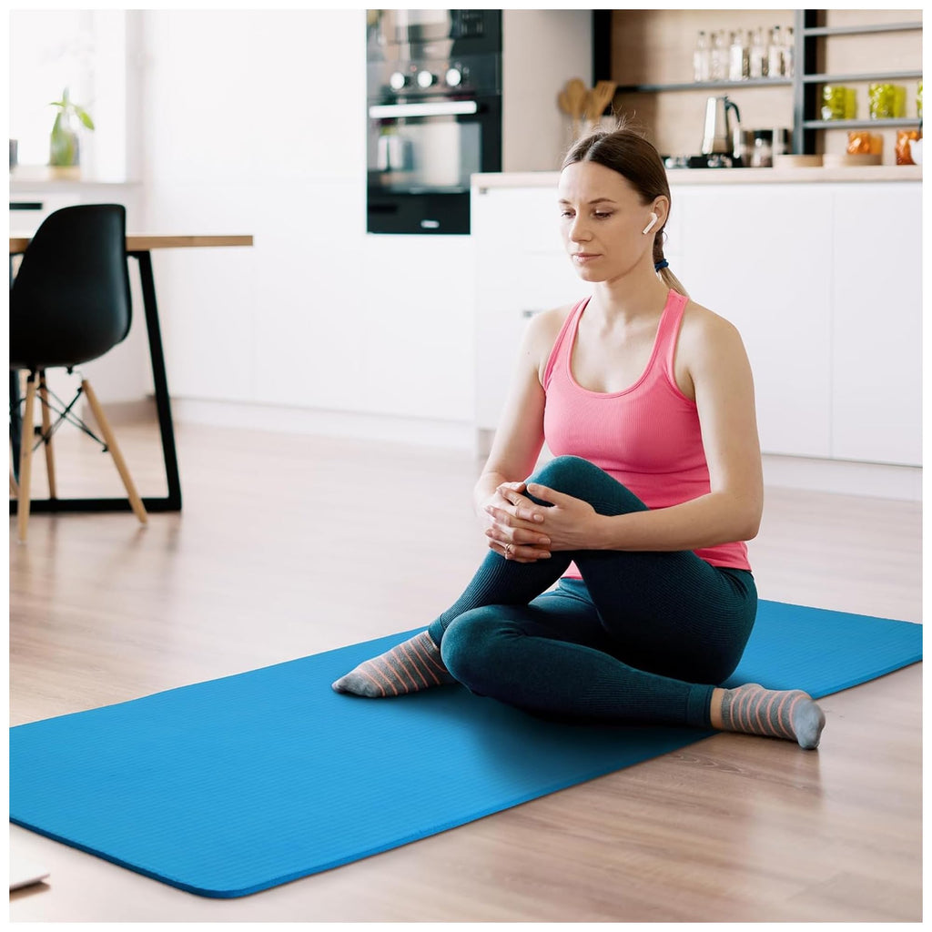 Fitvids 1/2-Inch Thick High Density Foam Exercise Yoga Mat with Carrying Strap, For Cushioning The Body Against Hard Floors, Blue