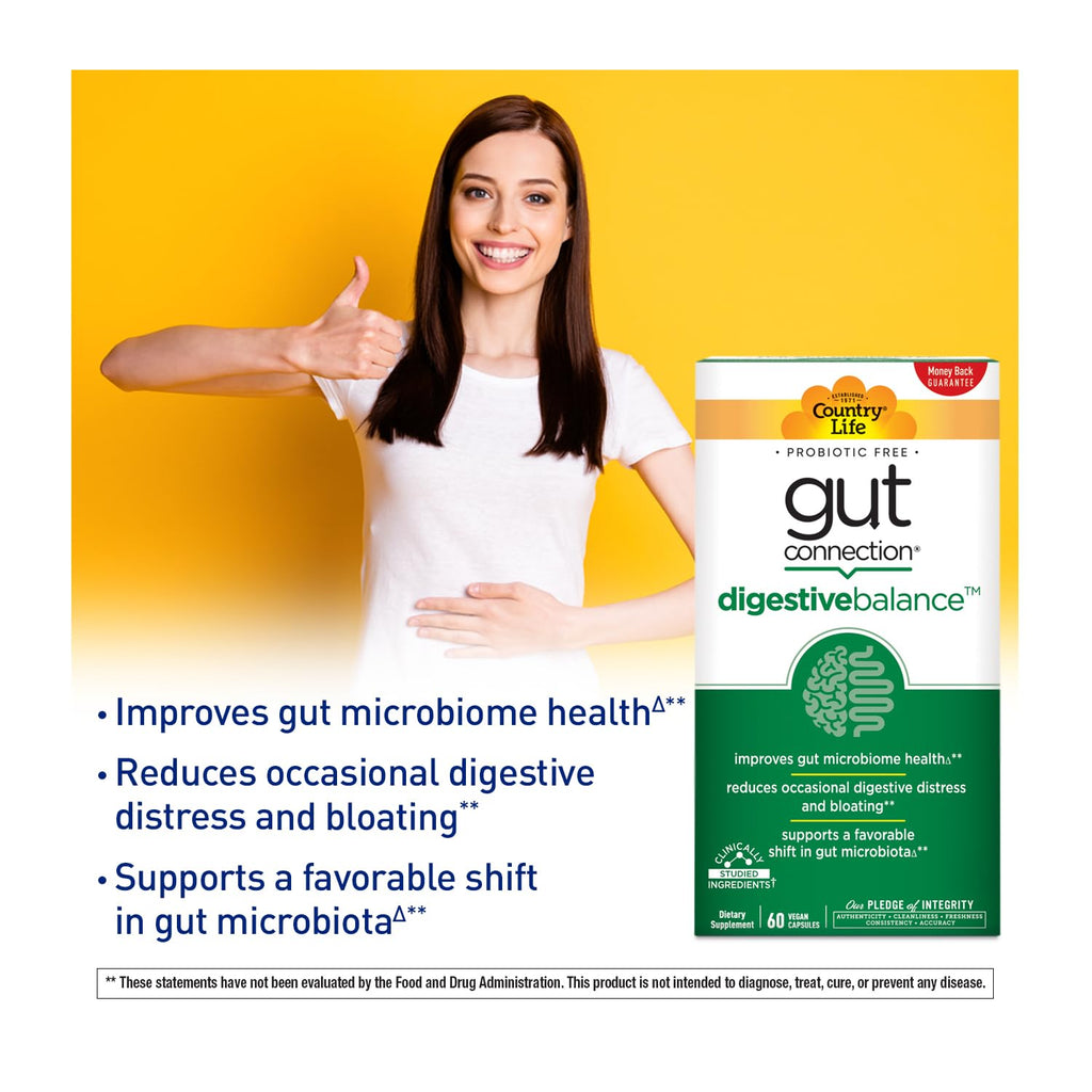 Country Life Gut Connection Digestive Balance – Prebiotic & Digestive Enzyme Supplement for Gut Health, Bloating Relief, and Improved Bowel Movements – Gluten-Free, Vegan, Non-GMO, 60 Capsules