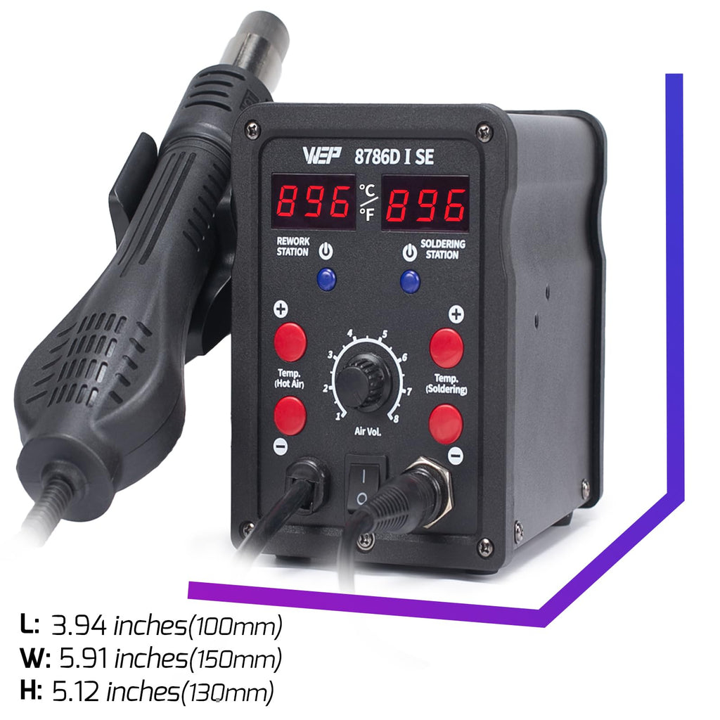 WEP 8786D-I SE Hot Air Soldering Iron Station Kit 2-IN-1 for Rework, Desoldering with Lead-Free Solder Wire, 5 Soldering Tips, 3 Hot Air Nozzles,Tweezers, Desoldering Pump
