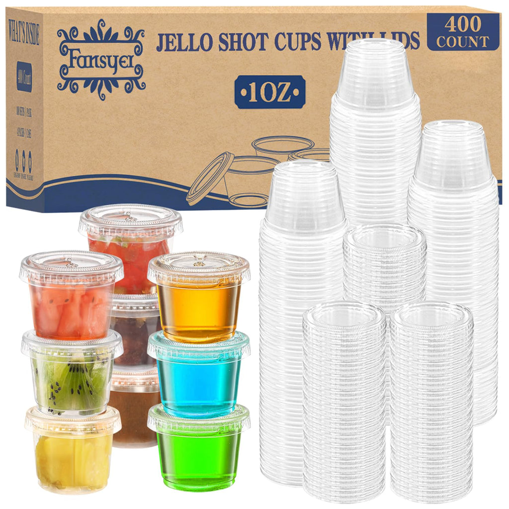 Fansyer 400 sets - 1 oz Containers with Lids, Jello Shot Cups with Lids, Bulk ＆ Clear Portion Cups, Disposable Small Plastic Containers for Salad Dressing, Condiments, Sauce, Snacks