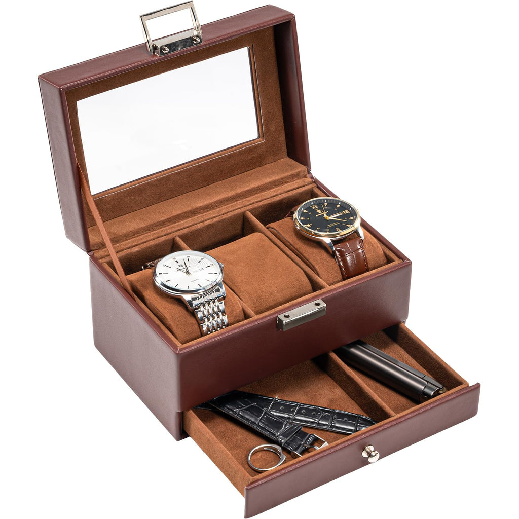 ProCase Watch Box, 3 Slot Watch Display Case with Drawer -Espresso