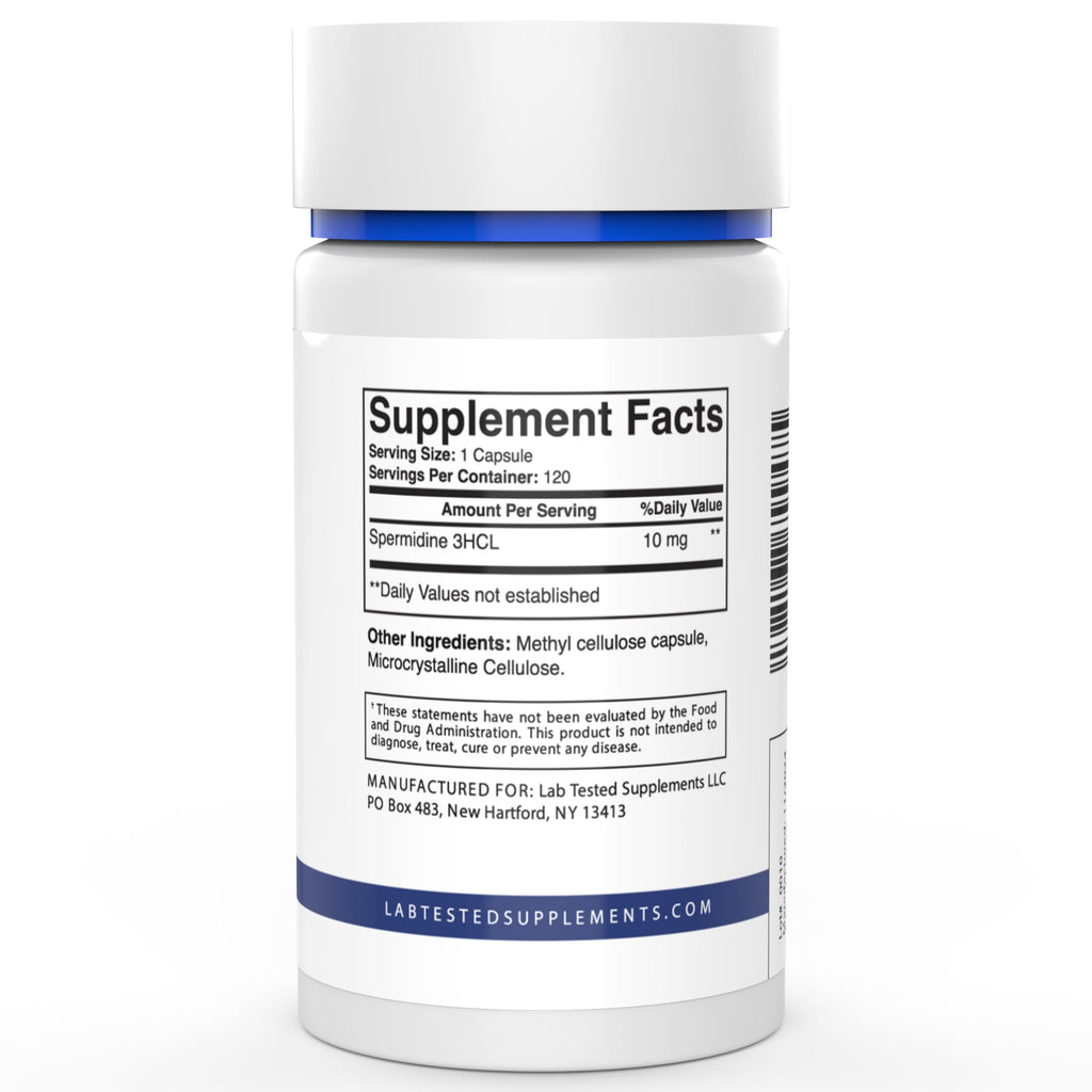 Lab Tested Supplements - Spermidine 3HCL Supplement - 120 10mg Capsules - 3rd Party COA's provided with Every lot# - Spermidine Trihydrochloride