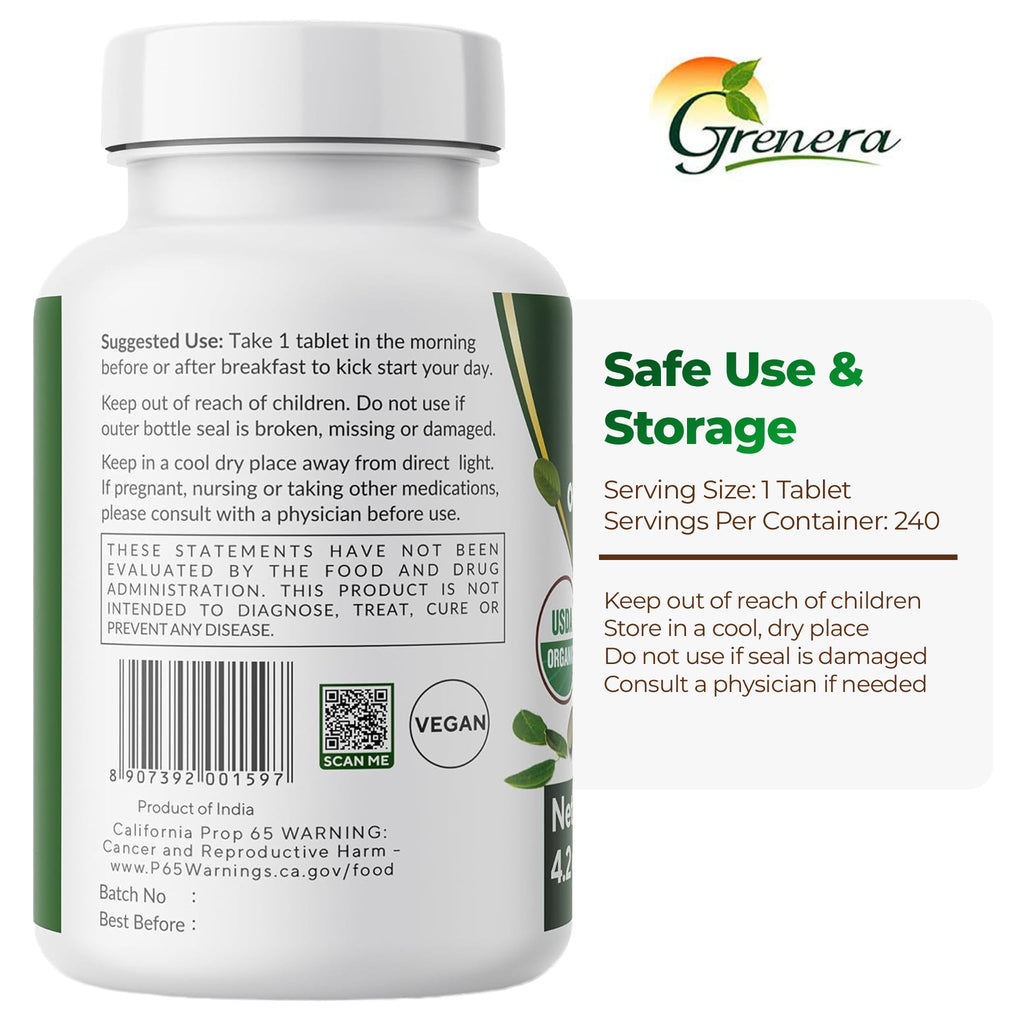 Grenera Organic Moringa Tablets | USDA Organic, 500mg Per Tablet | Uncoated Herbal Supplement, Single Ingredient Moringa Leaf Powder | Lab Tested Quality, Vegan & Kosher Certified | 240 Count