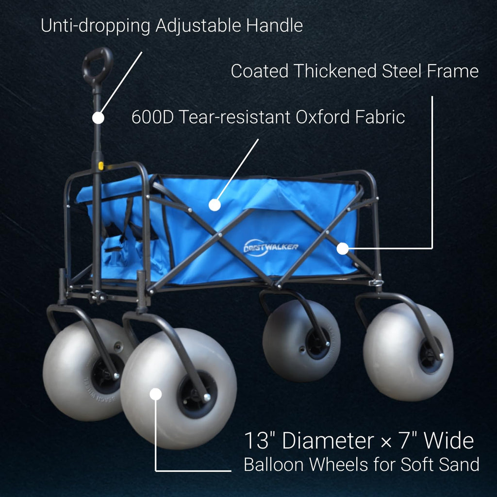 CRESTWALKER 13'' Balloon Wheel Fishing Cart with Rod Holders, Beach Wagon with Big Wheels for Sand, Folds Thin with Quick-Release Forks, Heavy Duty 300 lbs Capacity