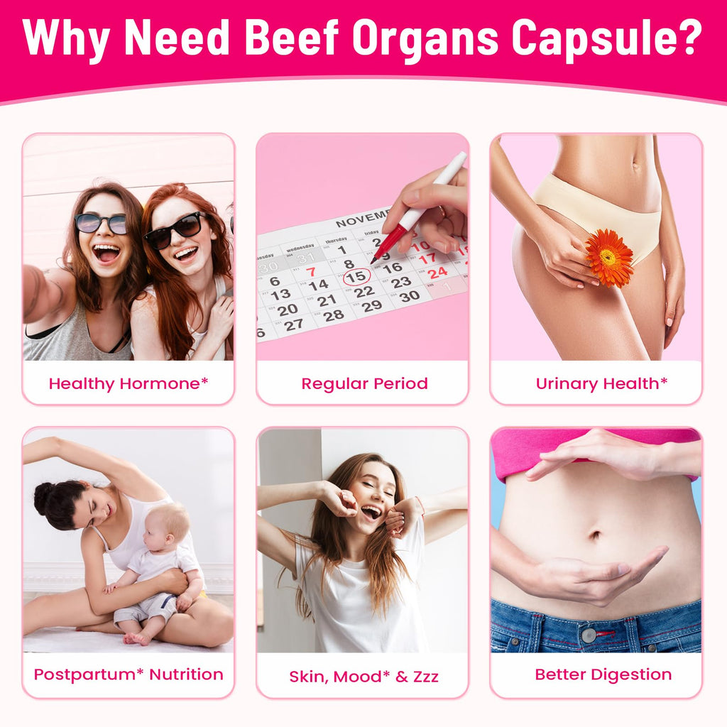12-In-1 Beef Organ Supplement for Women - Beef Liver, Uterus, Kidney, Heart, Pancreas, 5 Vitamins & 2 Herbs, Hormone Balance, Menstruation, Energy, Immune - 100% Grass Fed, Pasture Raise - 120 Caps