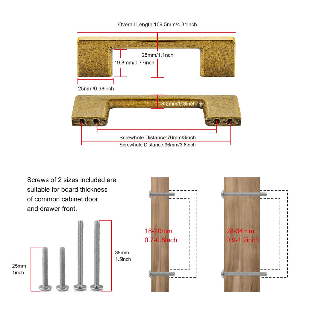 TUNNY 10 Pack Classic Cabinet Handles-3"/76mm Screw Spacing Antique Brass Furniture Hardware Handles for Kitchen Cabinets Bedroom Cabinet Pull