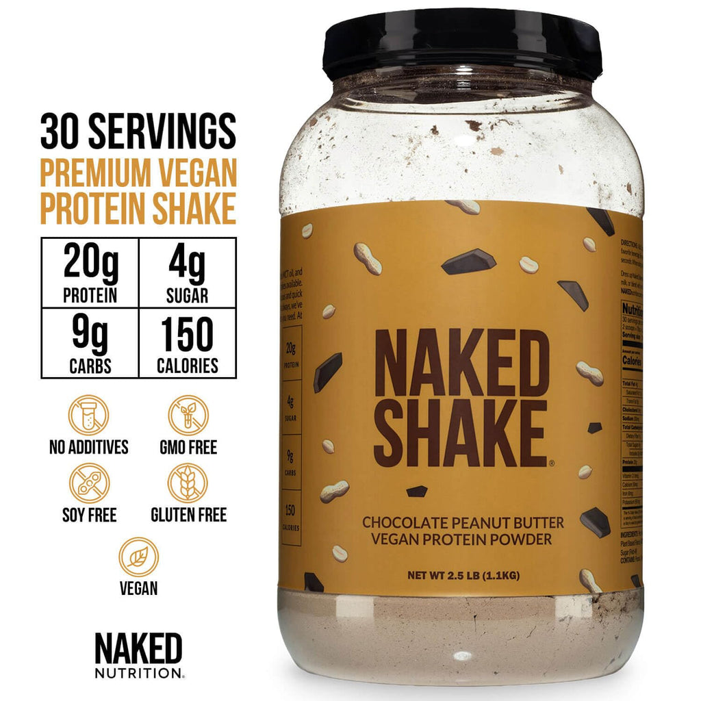 NAKED Shake - Chocolate Peanut Butter Protein Powder - Vegan Protein Powder from US & Canadian Farms with MCT Oil, NSF Certified, Gluten-Free, Soy-Free, No GMOs or Artificial Sweeteners - 30 Servings